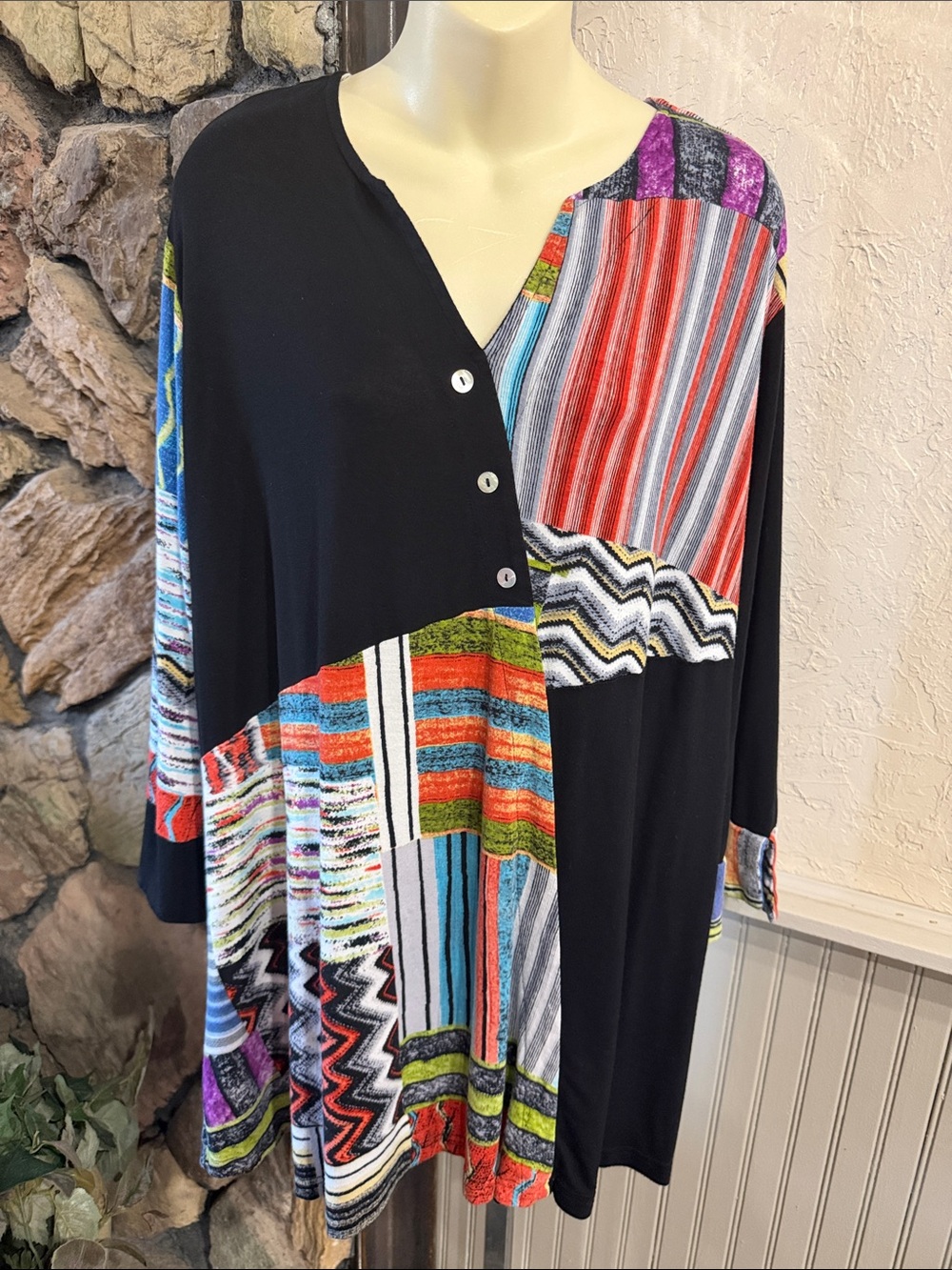 Women's Black Patchwork Long-Sleeve Dress with Multicolor Stripes